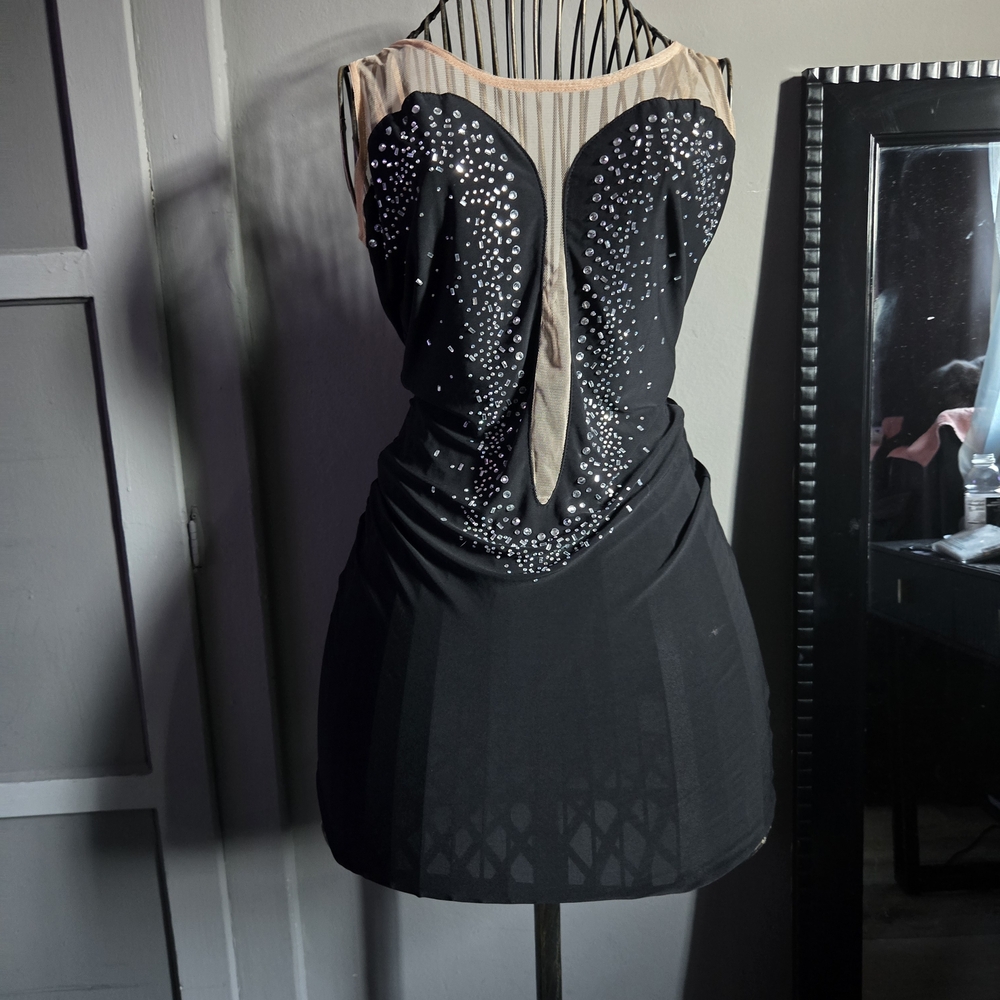 Elegant Black and Tan Dress with Rhinestone Detailing
